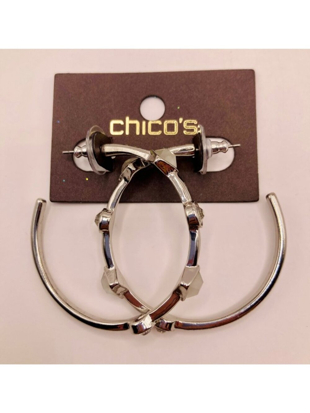 New With Tags Chicos Silver-Tone Geometric Hoop Earrings Stud Backings -113B